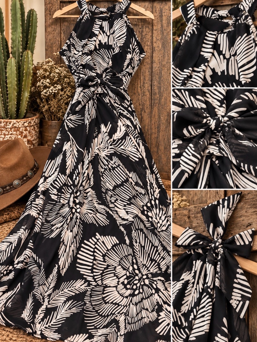 Black & White Floral Halter Maxi Dress - Brand: